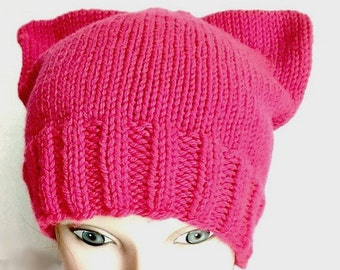 Pussy Hat Project Day Without Women Cat Hat Kitty Cat Cap Hot Neon Pink Adult Teen Womens March on Washington hand knit hat knitting