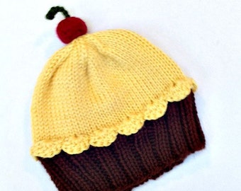 Cupcake Hat with Cherry on Top Lemon Yellow Frosting with Dark Chocolate Brown Cake Adults Teens Children Baby Toddler