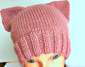 Day Without a Woman International Womens Day Cat Hat Kitty Cat Cap Rose Pink Adult Teen Womens March Washington Pussy Hat Project hand knit