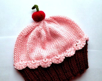 Cupcake Hat with Cherry on Top Dark Chocolate Brown Cake Cotton Candy Frosting hand knit - baby toddler children adult 3 6 9 12 18 months