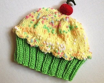 Cupcake Hat kids baby size Lemon Lime with a Cherry on Top Key Lime Green Cake Lemon Sprinkle Frosting Handmade Knit 6 8 12 18 months Adult