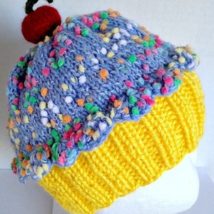 Cupcake Hat with Cherry on Top Lemon Cake Blueberry Sprinkle Frosting Hand made hand knit baby toddler children adult 3 6 9 12 18 months image 4