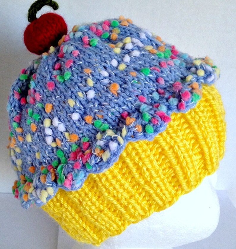 Cupcake Hat with Cherry on Top Lemon Cake Blueberry Sprinkle Frosting Hand made hand knit baby toddler children adult 3 6 9 12 18 months image 4