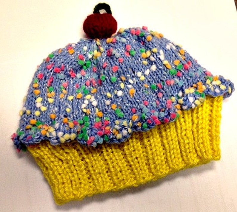 Cupcake Hat with Cherry on Top Lemon Cake Blueberry Sprinkle Frosting Hand made hand knit baby toddler children adult 3 6 9 12 18 months image 1