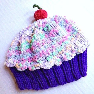 Handmade hand knit Cupcake Hat with Cherry on Top with Plum Purple Cake and Lavender Grape Sprinkle Frosting image 1