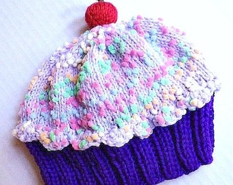 Handmade hand knit Cupcake Hat with Cherry on Top with Plum Purple Cake and Lavender Grape Sprinkle Frosting