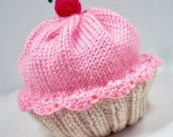 Cupcake Hat with Cherry on Top Vanilla Cream Cake Cotton Candy Frosting Hand made hand knit - baby toddler children adult 3 6 9 12 18 months