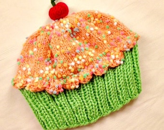 Handmade hand knit Cupcake Hat with Cherry on Top Key Lime Cake Orange Dreamsicle Cream Frosting with Sprinkles