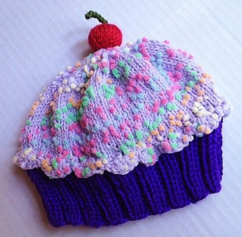 Handmade hand knit Cupcake Hat with Cherry on Top with Plum Purple Cake and Lavender Grape Sprinkle Frosting image 2