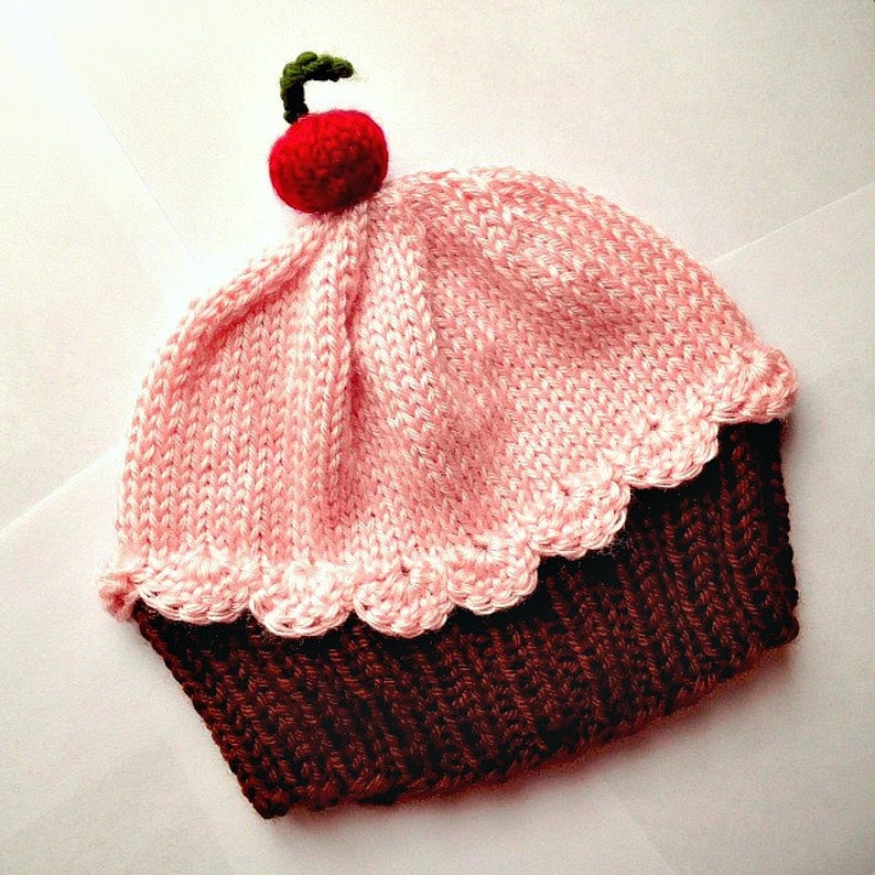 Cupcake Hat with Cherry on Top Dark Chocolate Brown Cake Cotton Candy Frosting hand knit baby toddler children adult 3 6 9 12 18 months image 5