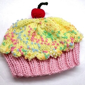 Cupcake Hat with Cherry on Top Cotton Candy Pink Cake Lemon Lemonade Frosting with Sprinkles Adult Children Baby Toddler hand made hand knit image 3