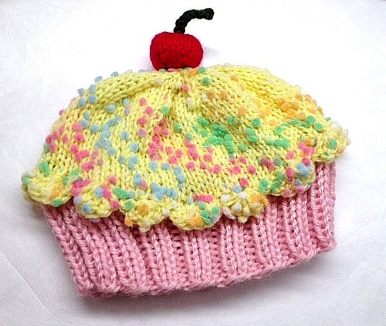 Cupcake Hat with Cherry on Top Cotton Candy Pink Cake Lemon Lemonade Frosting with Sprinkles Adult Children Baby Toddler hand made hand knit image 3