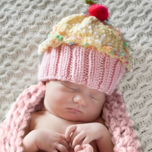 Cupcake Hat with Cherry on Top Cotton Candy Pink Cake Lemon Lemonade Frosting with Sprinkles Adult Children Baby Toddler hand made hand knit image 2