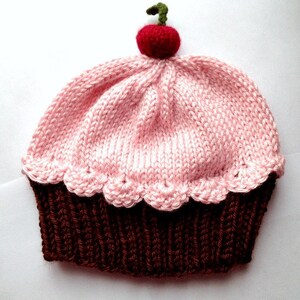 Cupcake Hat with Cherry on Top Dark Chocolate Brown Cake Cotton Candy Frosting hand knit baby toddler children adult 3 6 9 12 18 months image 2