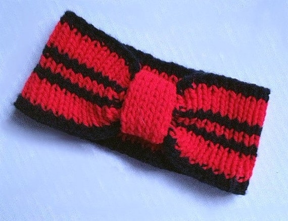 StellasKnits Ear Warmer Headband Cheerleader Sports College Red and Black Atlanta Louisville Hand Knit Ready to Ship