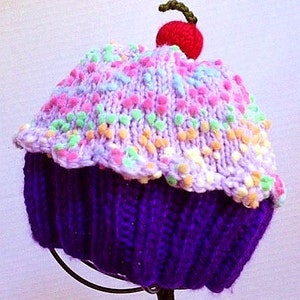 Handmade hand knit Cupcake Hat with Cherry on Top with Plum Purple Cake and Lavender Grape Sprinkle Frosting image 3