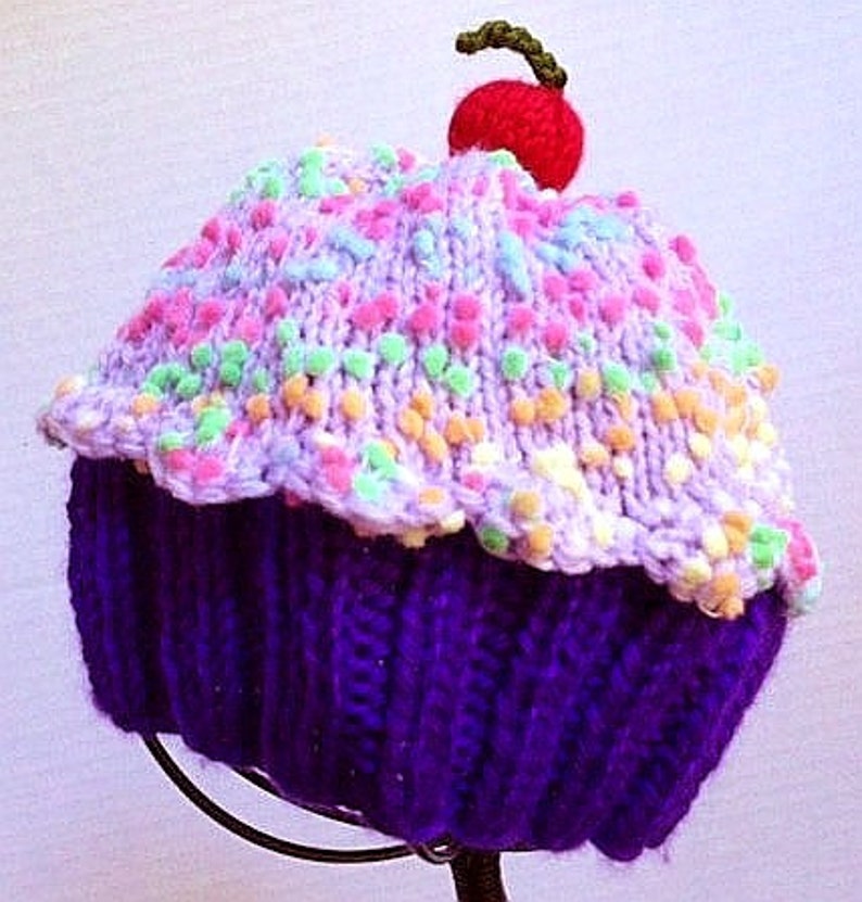 Handmade hand knit Cupcake Hat with Cherry on Top with Plum Purple Cake and Lavender Grape Sprinkle Frosting image 3