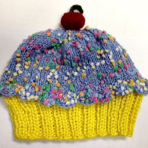 Cupcake Hat with Cherry on Top Lemon Cake Blueberry Sprinkle Frosting Hand made hand knit baby toddler children adult 3 6 9 12 18 months image 2