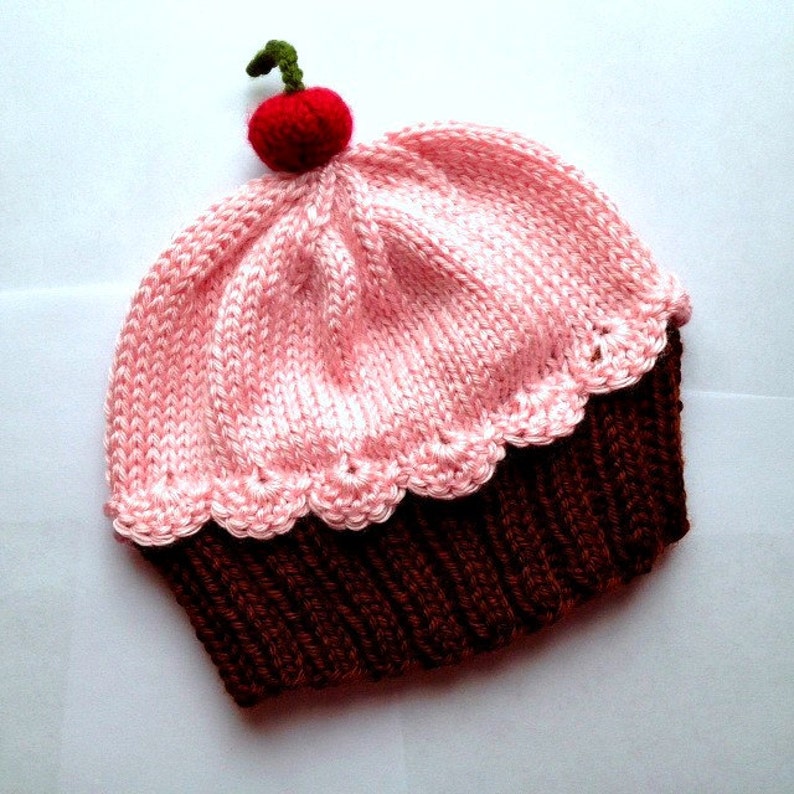 Cupcake Hat with Cherry on Top Dark Chocolate Brown Cake Cotton Candy Frosting hand knit baby toddler children adult 3 6 9 12 18 months image 1