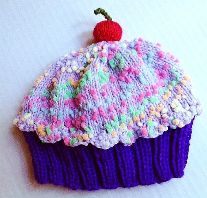 Handmade hand knit Cupcake Hat with Cherry on Top with Plum Purple Cake and Lavender Grape Sprinkle Frosting image 4