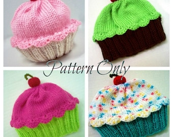 Knitting Pattern Cupcake Hat PDF INSTANT DOWNLOAD Cherry on Top diy Preemie Toddler Child Kids Adult sizes