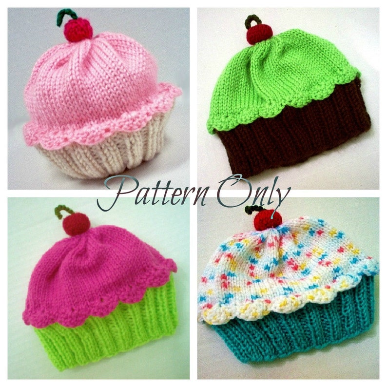 Knitting Pattern Cupcake Hat PDF INSTANT DOWNLOAD Cherry on Top diy Preemie Toddler Child Kids Adult sizes image 1