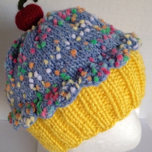 Cupcake Hat with Cherry on Top Lemon Cake Blueberry Sprinkle Frosting Hand made hand knit baby toddler children adult 3 6 9 12 18 months image 5