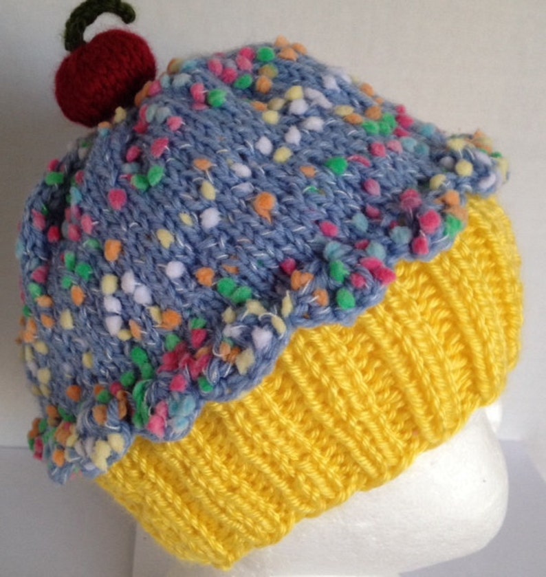 Cupcake Hat with Cherry on Top Lemon Cake Blueberry Sprinkle Frosting Hand made hand knit baby toddler children adult 3 6 9 12 18 months image 5