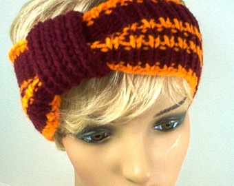 Hand Knit Ear Warmer Headband Virginia  - Maroon and Orange