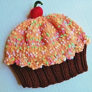 Handmade hand knit Cupcake Hat with Cherry on Top Dark Chocolate Cake with Dreamsicle Orange Frosting with Sprinkles Adult Children Baby