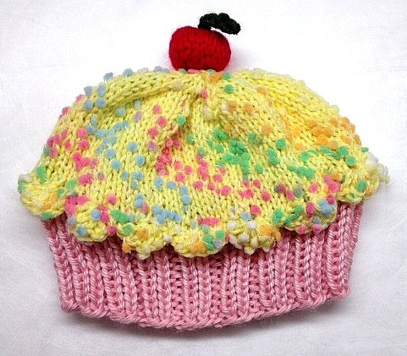 Cupcake Hat with Cherry on Top Cotton Candy Pink Cake Lemon Lemonade Frosting with Sprinkles Adult Children Baby Toddler hand made hand knit image 5