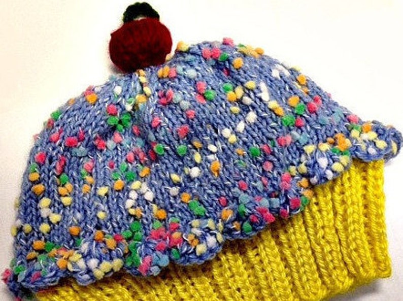 Cupcake Hat with Cherry on Top Lemon Cake Blueberry Sprinkle Frosting Hand made hand knit baby toddler children adult 3 6 9 12 18 months image 3