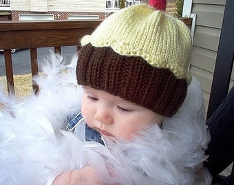 Baby Toddler Cupcake Hat - Handmade Hand Knit -  choose your own colors of frosting and cake