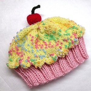 Cupcake Hat with Cherry on Top Cotton Candy Pink Cake Lemon Lemonade Frosting with Sprinkles Adult Children Baby Toddler hand made hand knit
