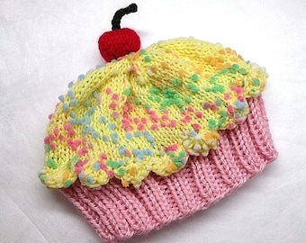 Cupcake Hat with Cherry on Top Cotton Candy Pink Cake Lemon Lemonade Frosting with Sprinkles Adult Children Baby Toddler hand made hand knit