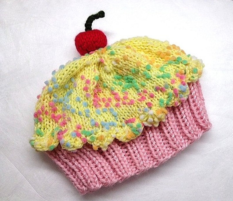 Cupcake Hat with Cherry on Top Cotton Candy Pink Cake Lemon Lemonade Frosting with Sprinkles Adult Children Baby Toddler hand made hand knit image 1