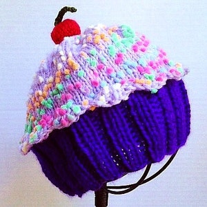 Handmade hand knit Cupcake Hat with Cherry on Top with Plum Purple Cake and Lavender Grape Sprinkle Frosting image 5