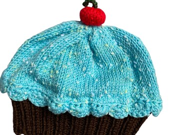 Cupcake Hat READY to SHIP 2-6 years with Cherry on Top, Dark Chocolate Cake Blue Sprinkle Frosting Hand made hand knit