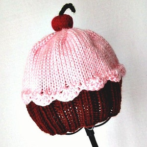 Cupcake Hat with Cherry on Top Dark Chocolate Brown Cake Cotton Candy Frosting hand knit baby toddler children adult 3 6 9 12 18 months image 4