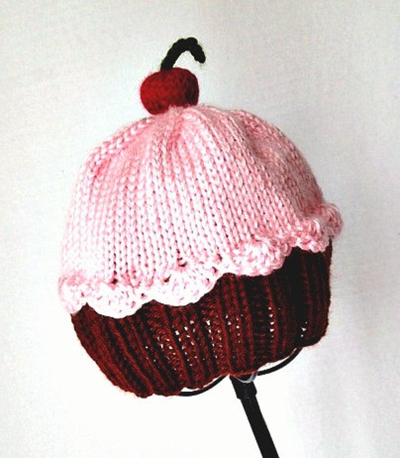 Cupcake Hat with Cherry on Top Dark Chocolate Brown Cake Cotton Candy Frosting hand knit baby toddler children adult 3 6 9 12 18 months image 4