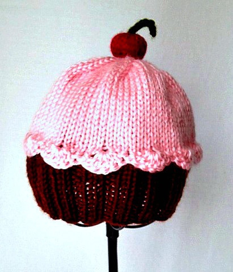 Cupcake Hat with Cherry on Top Dark Chocolate Brown Cake Cotton Candy Frosting hand knit baby toddler children adult 3 6 9 12 18 months image 3