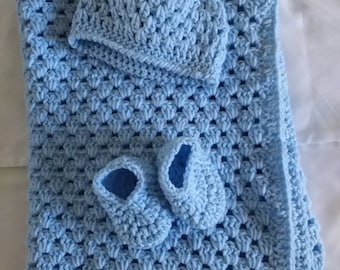 Crochet Blue Baby Blanket with Hat and Booties, Handmade Afghan