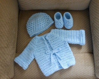 Baby Blue Sweater Set, Baby Boy Shower Gift, Baby Boy hat and booties, Blue sweater, Baby Boy knit sweater set