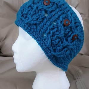 Crocheted  Hoot Owl headband bright sky blue, winter headband, handmade headban, owl hat, adult owl hea, adult owl scarf, owl knit headband