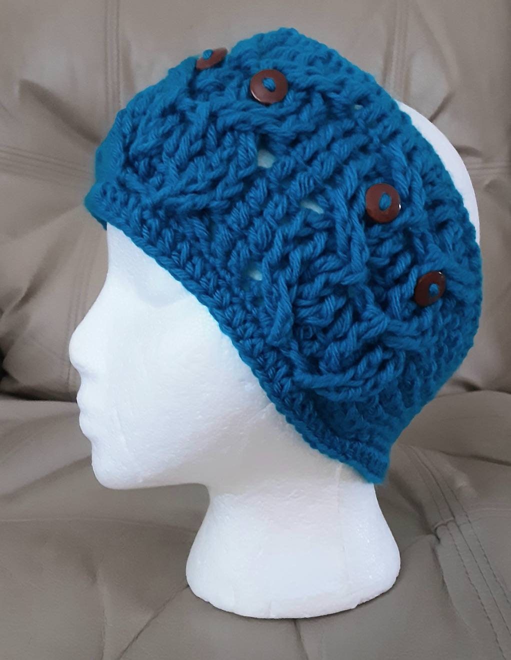 Crocheted Owl Headband, Sky Blue Winter Ear Warmer
