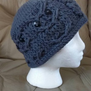 Beverly&#39;s Crafts Adult Hoot Owl Hat, winter hat, handmade hat, owl hat, crochet hat, gray hat, adult knit hat