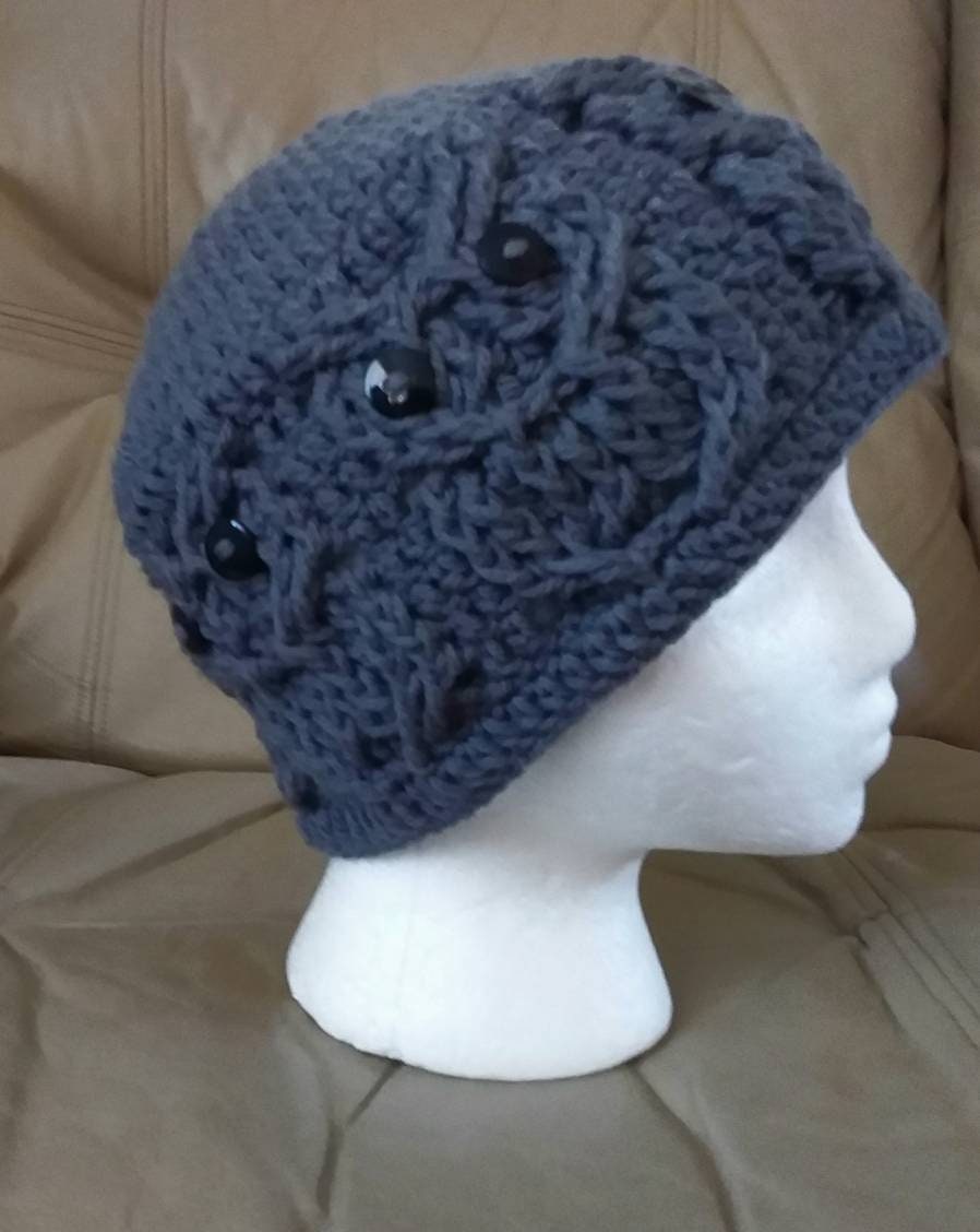 Crochet Owl Hat, Gray Knit Beanie, Adult Winter Hat