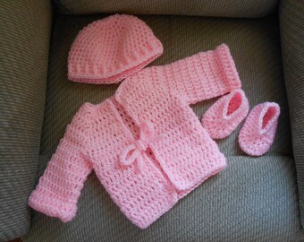 Crochet Baby Sweater Set: Pink Acrylic, Hat and Booties