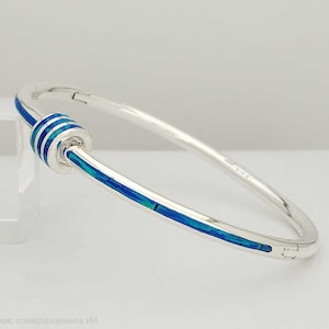 Taxco Opal Bracelet Sterling Silver Hinged Bangle Blue Inlay Mexico Jewelry Gift for Her Minimalist Artisan Bracelet 925 Silver