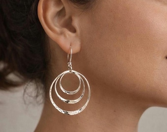 Handmade 925 Silver Hoop Earrings Hammered Dangle Gift for Mom Mothers Day Jewelry Boho Lightweight Statement Earrings